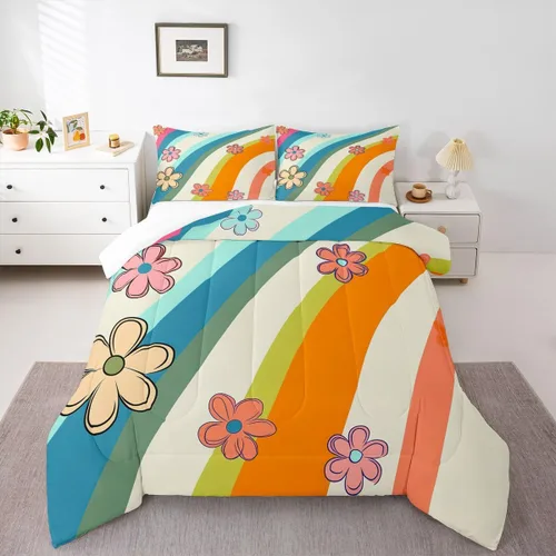 Miniatura 11 de Lindo juego de edredón de flores para niños y mujeres. Juego de ropa de cama de flores coloridas de dibujos animados, tamaño individual, bonito