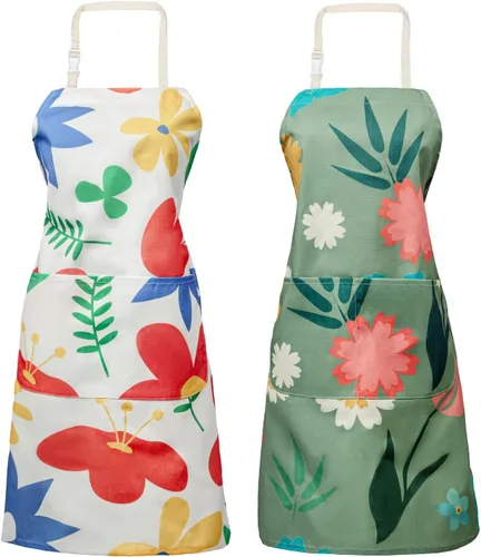 Miniatura 9 de LOLOMLO 2 Pack Floral Apron for Women with Pockets, Water Resistant Adjustable Neck Strap, Apron for Gardening