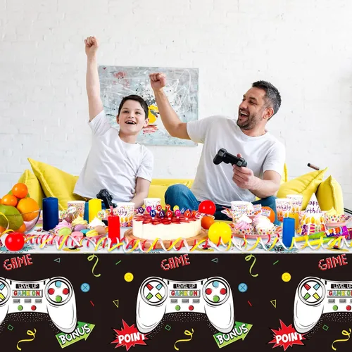 Miniatura 5 de Tatuo 3 piezas de manteles de mesa de videojuegos, decoración de cumpleaños con tema de juegos, mantel de plástico, suministros de fiesta para niños