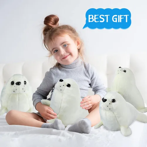 Miniatura 6 de Sosation Juego de 4 piezas de animales de peluche con sello de peluche de foca gordita blanca, lindo sello de almohada de abrazo, juego de juguetes