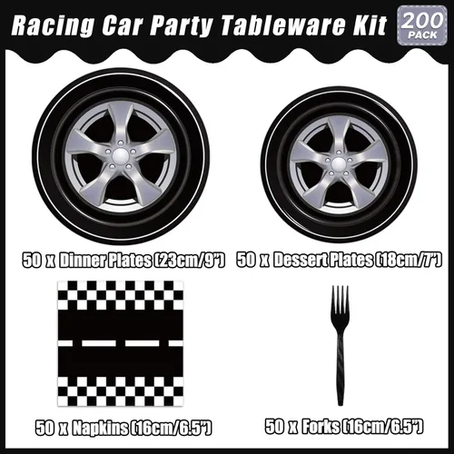 Miniatura 2 de Kepeel Juego de 200 platos y servilletas para fiesta de autos de carreras, suministros y decoraciones para fiesta de pista de carreras de autos