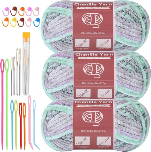 Miniatura 19 de LUNARM Hilado de chenilla para tejer y hacer ganchillo, 3 madejas de 240 metros de hilo grueso, suave y voluminoso, para tejer mantas, ropa y Beige