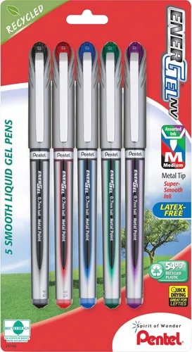 Pentel ENER-GEL NV - Bolígrafo de gel líquido, línea media, punta de metal, tinta surtida, paquete de 5 unidades (BL27BP5M)