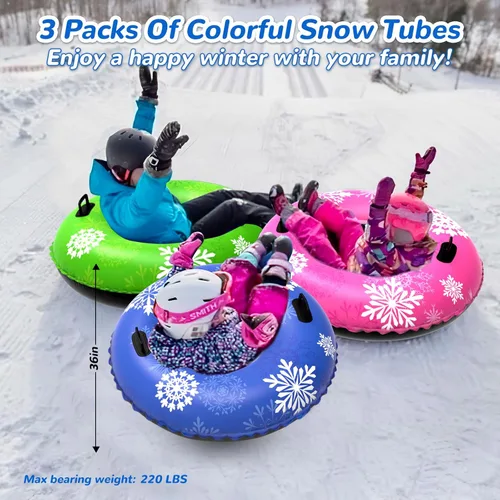 Miniatura 6 de KEUCL Tubo de Nieve, 3 Paquetes para Toda la Familia, Trineo de Nieve Inflable para Niños y Adultos, Trineos de Fondo Duro Resistente Engrosado