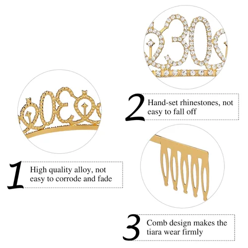Miniatura 4 de Kit de banda y tiara de cumpleaños número 30, regalos de feliz cumpleaños 30 para mujeres, decoraciones de fiesta, Metal, Diamantes de imitación