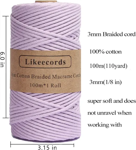 Miniatura 2 de Cordón de algodón trenzado de 0.11 pulgadas x 109 yardas, cuerda de algodón para macramé natural, estilo bohemio, para colgar plantas hechas a mano