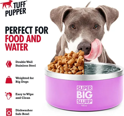 Miniatura 3 de Tuff Pupper Cuenco de acero inoxidable aislado resistente de 100 onzas para perros grandes, base antideslizante, apto para lavavajillas Rosa Punch