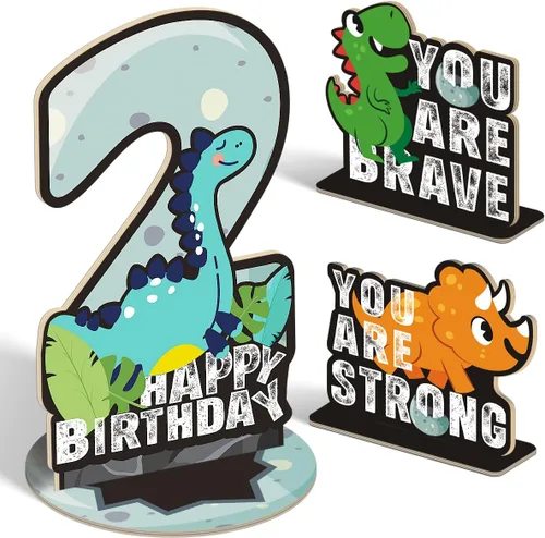 Juego de 3 piezas de dinosaurios con signo de número de 2º cumpleaños, decoración de mesa de dinosaurios para niños y niños de 2º cumpleaños