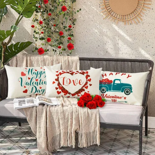 Miniatura 5 de Artscope Fundas de almohada impermeables para el día de San Valentín, juego de 4 fundas de cojín de lino y algodón para sofá en exteriores, 12 x 20