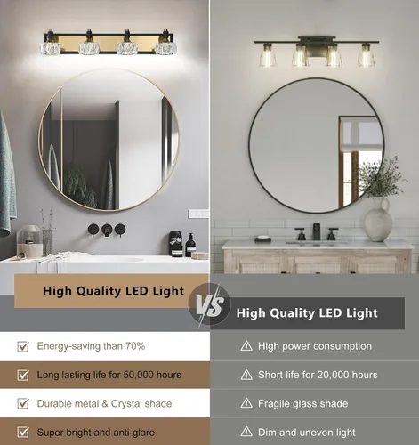 Miniatura 8 de Lámpara de baño de 3 luces sobre el espejo, luz LED regulable para tocador de baño con pantalla de cristal, lámpara de pared moderna negra y dorada
