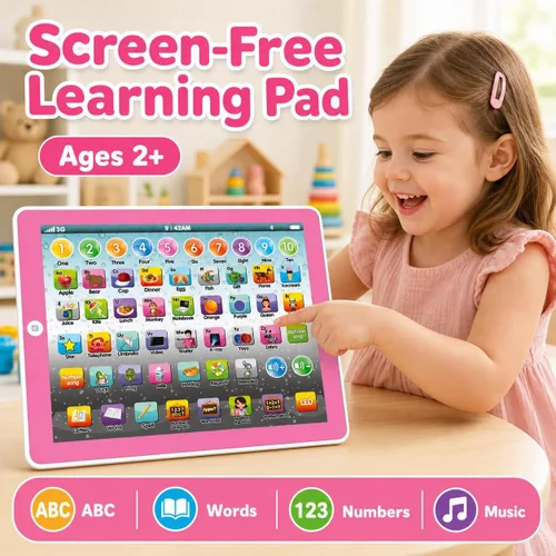 Miniatura 7 de Wenbeier - Tableta para niños, almohadilla de aprendizaje, tableta para niños pequeños con canción de palabras ABC, música, números, juguete Rosa
