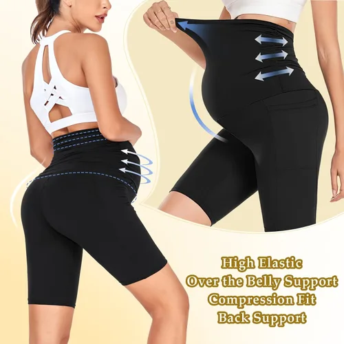 Miniatura 5 de GROTEEN Paquete de 3 pantalones cortos de maternidad para mujer con bolsillos, cintura alta de 8 pulgadas, pantalones cortos de ciclismo