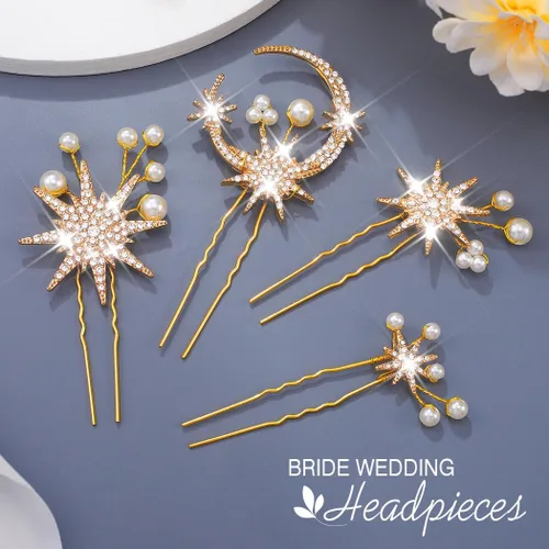 Miniatura 2 de Kilshye Accesorios dorados para el cabello, horquillas de estrella para el cabello de novia para mujeres (paquete de 4)