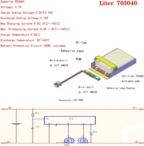 Miniatura 3 de Liter energy battery batería recargable 703040 del polímero de iones de litio de la batería 900mAh de 3.7V Lipo con el conector de JST