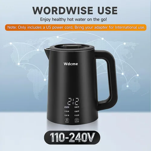 Miniatura 5 de Hervidor eléctrico de viaje pequeño de 0.6 L, 800 W, 6 controles de temperatura, doble voltaje, 110-240 V, tetera inteligente de té y café, mantiene