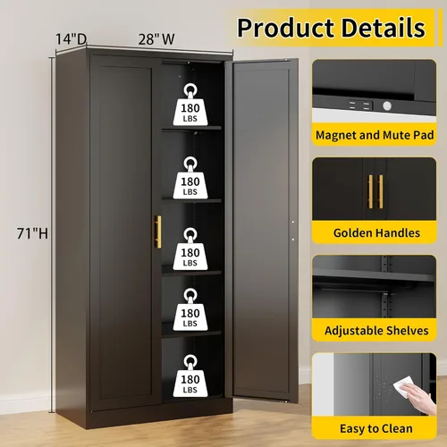 Miniatura 3 de Gabinete de metal para despensa de cocina, 71 pulgadas de alto x 28 pulgadas de ancho x 14 pulgadas de profundidad con 2 puertas y 4 estantes Negro