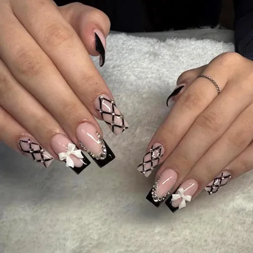 Miniatura 24 de MISUD - Uñas postizas largas cuadradas con pegamento de Rojo Gótico y Negro, diseño cruzado gótico Y2K acrílico, 24 piezas