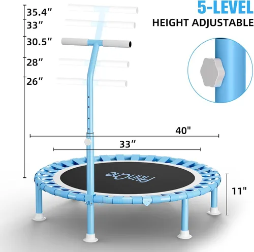 Miniatura 3 de 40" Fitness Mini Trampoline with Adjustable Handle Bar, 330lbs Foldable Bungee Rebounder for Adults and Kids, Stable & Quiet Exercise Rebounder