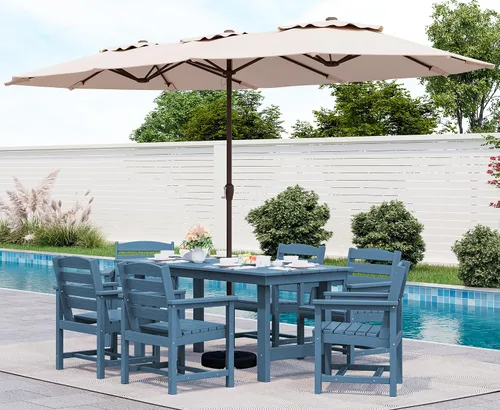 Miniatura 58 de SERWALL Juego de mesa de comedor de 7 piezas, muebles de comedor de polietileno de alta densidad para exteriores con agujero para paraguas y 6 Negro