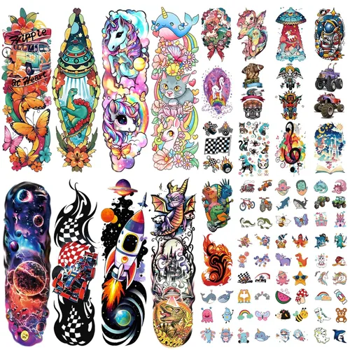 Miniatura 10 de Más de 252 piezas de tatuajes temporales de princesa unicornio brillante para niños, 36 hojas de tatuajes falsos de castillo arcoíris, dulces
