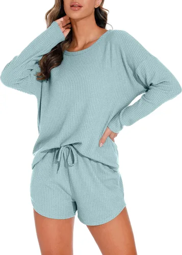 Miniatura 5 de PrinStory Conjunto de pijama para mujer, conjunto de 2 piezas de punto gofre, conjunto de ropa de descanso con bolsillos