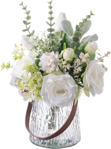 Miniatura 7 de KIRIFLY Flores artificiales falsas en jarrón, centros de mesa de seda de peonía sintética para decoración de mesa de boda (rosa en vidrio)