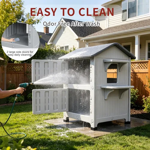 Miniatura 6 de Rockever Casa de gatos al aire libre de plástico con forro aislado, 100% casas de gatos al aire libre aisladas para invierno, refugio para gatos al