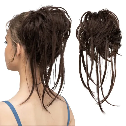Miniatura 12 de CJL HAIR - Extensión de cabello tipo coletero de chongo desordenado, rizado, sintético, con colas rectas, scrunchies para peinados de moño