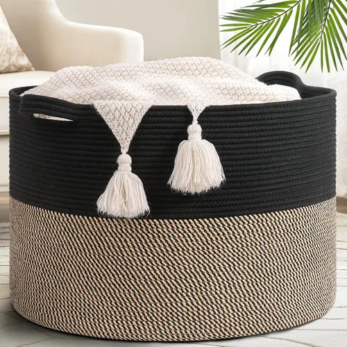 Miniatura 14 de Goodpick Cesta de manta de 65 litros, 19.7 x 12.6 pulgadas, cesta de cuerda de algodón, para sala de estar, organizadores de juguetes