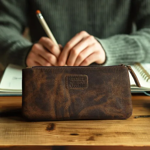 Miniatura 4 de LEATHER VILLAGE Estuche de Cuero para Lápices y Bolígrafos - Marrón Rústico/Vintage - 8"X4" - Doble Bolsillo - Elegante y Práctico Estuche