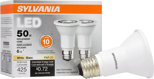LEDVANCE SYLVANIA - Bombilla LED PAR20, 50 W = 6 W, 10 años, no regulable, 425 lúmenes, 3000 K, blanco cálido, paquete de 2 (79279)