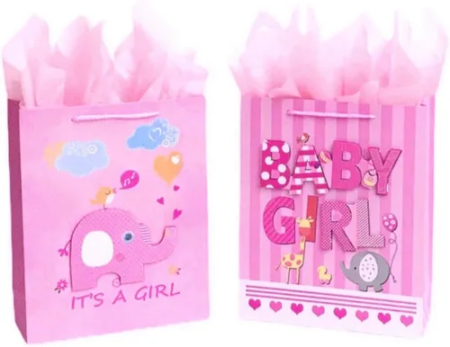 Golden J Store Bolsas de regalo medianas de 12.5 pulgadas con papel de seda para baby showers, paquete de 2 (rosa)
