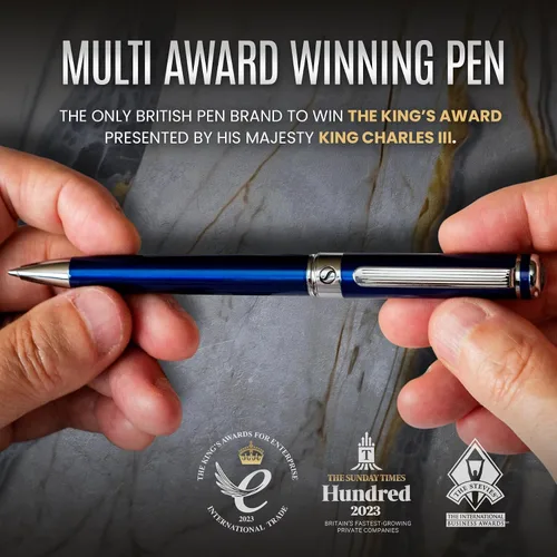 Miniatura 7 de Scriveiner Bolígrafo azul medianoche, impresionante bolígrafo de lujo lacado azul, acabado cromado, repuesto Schmidt negro, el mejor juego de regalo