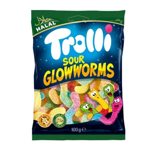 Trolli Sour Glowworms Halal I Gusanos gomosos con sabor a fruta con revestimiento agrio I 3.53 oz 3.5 onzas