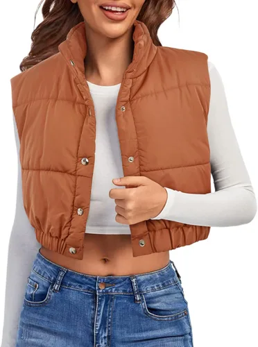 Miniatura 2 de Ybenlow Chaleco acolchado recortado para mujer, cuello alto, con botones, ligero, acolchado, sin mangas, chaqueta de invierno