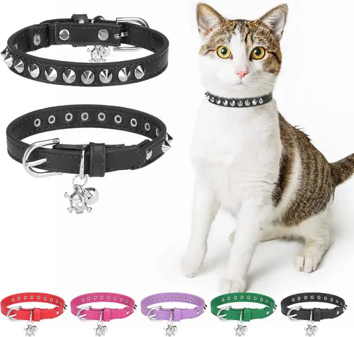 Miniatura 20 de Collares de cuero DILLYBUD para gatos macho y hembra con campana y cinturón elástico de seguridad, collar ajustable con hebilla de seguridad