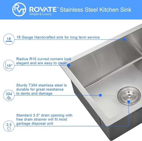 Miniatura 7 de ROVATE Fregadero de cocina de 20 x 16 x 9 pulgadas, fregadero de cocina de acero inoxidable 304 con colador para montaje inferior, fregadero