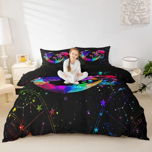 Miniatura 17 de Erosebridal Juego de ropa de cama bohemio con sol y luna, funda de edredón hippie de 3 piezas, colorida funda de edredón teñida anudada, funda