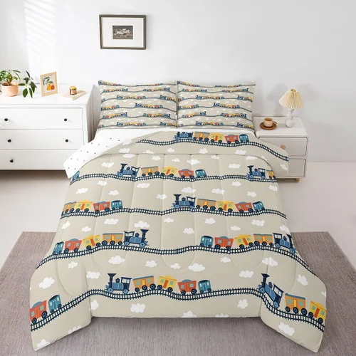Miniatura 9 de Erosebridal Juego de edredón de tren de locomotora para niños, tamaño individual, lindo juego de ropa de cama con motor de vapor para niños y niñas