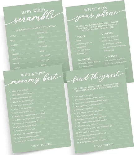 Juegos de Baby Shower - Para 30 Invitados - 4 Juegos - Qué Hay en Tu Teléfono, Quién Conoce Mejor a Mamá, Encuentra al Invitado, Sopa de Letras -