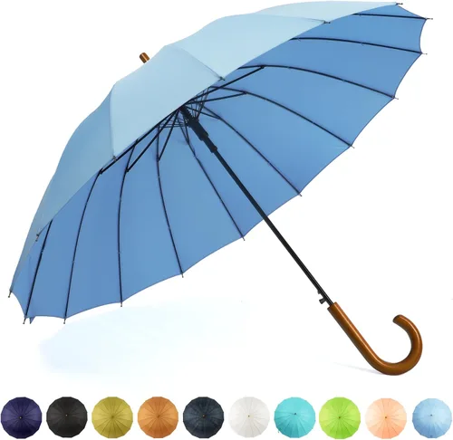 Miniatura 85 de SoulRain Paraguas de palo de 16 varillas de 48 pulgadas, apertura automática, color sólido, moderno y simple, mango de madera clásico de arco