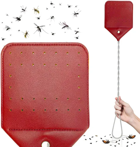 Matamoscas de cuero vegano resistente, mango de alambre tejido de metal extra largo y resistente, matamoscas manuales grandes, matamoscas insectos,
