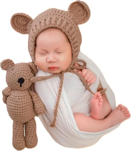 Accesorios de fotografía para recién nacidos, sombrero de oso, sesiones de fotos de bebé, trajes de fotos para posar fotos de ganchillo, oso muñeca