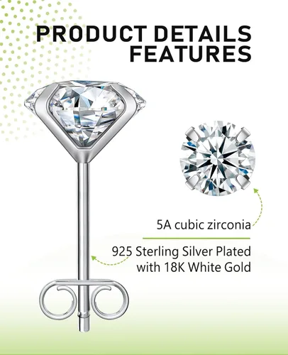 Miniatura 3 de Earrings for Women, 78 Pairs Stud Earrings Set for Men Girl, COMOSO 18K White Gold Plated S925 Sterling Silver Cubic Zirconia Earrings Studs 3-8mm
