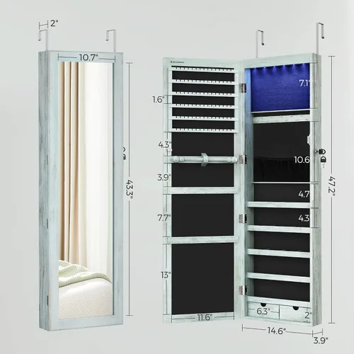 Miniatura 6 de SONGMICS - Gabinete organizador de joyas con 6 luces LED, para montar en la pared o en la puerta, de 47.3pulgadas de alto, con espejo y 2 cajones