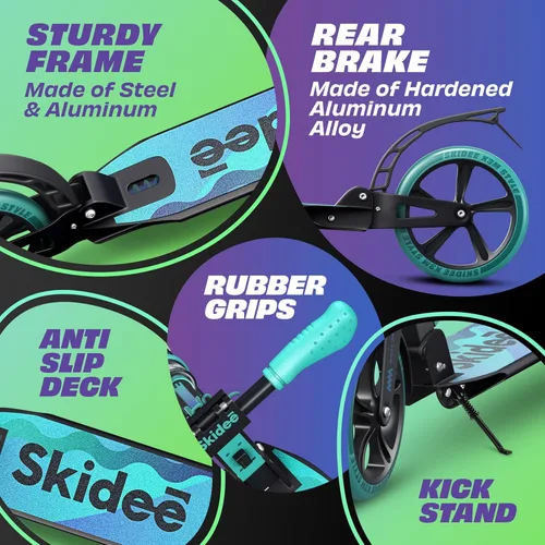 Miniatura 6 de SKIDEE Patinete para Adultos y Adolescentes, Altura Ajustable, Plegable, Ruedas Grandes, Ligero, Duradero, Suspensión Anti-Golpes, Hasta 220 Libras