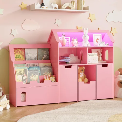 Miniatura 3 de Vabches Organizador de almacenamiento de juguetes de 70 pulgadas, estantería para niños en forma de castillo con 2 cajones extraíbles, 2 gabinetes