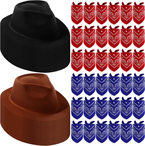 Hillban 72 piezas de sombrero de vaquero occidental y set de bandana de paisley para niños, sombreros de fiesta de vaquero de fieltro para marrón