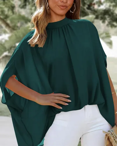 Miniatura 37 de BTFBM Blusas de verano para mujer, cuello alto falso, manga murciélago, holgadas, dobladillo alto y bajo, blusas informales de gran