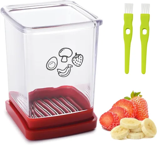 Taza rebanadora de frutas, cortador de fresas, cortador de fresas y verduras de acero inoxidable con placa de empuje, hace rápidamente ensalada de